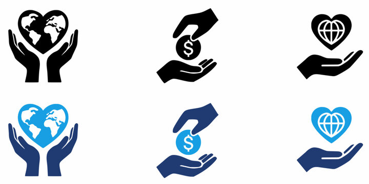 Charity and donation icon collections. Containing Care, Globe, Money, Heart and Volunteer icons.