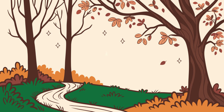 autumn landscape background with bare trees and falling leaves