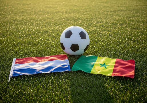 Soccer ball resting on green grass field with Netherlands and Senegal flags