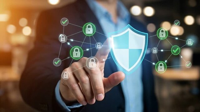 Cybersecurity and Data Protection Concept: Businessman Touching Floating Holographic Shield Icon with Network of Secure Lock and Checkmark Vectors