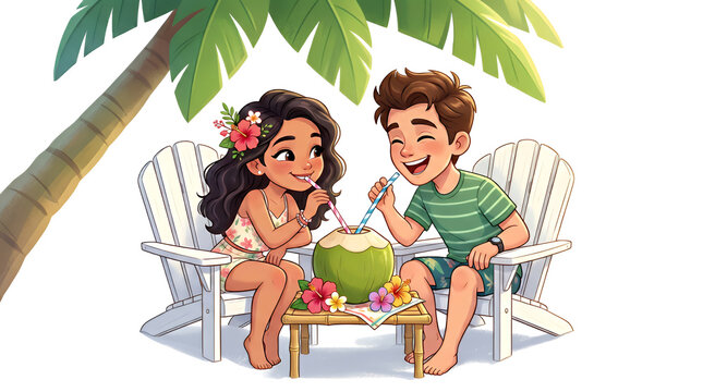 Couple sits in wooden chairs under a palm tree on a white background, sharing a refreshing coconut drink through straws while smiling happily during their relaxing summer tropical vacation getaway.