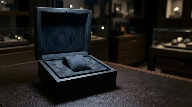 Luxury watch box on leather counter | Elegant empty jewelry display case | Premium watch storage box in boutique | Sophisticated horology accessory presentation