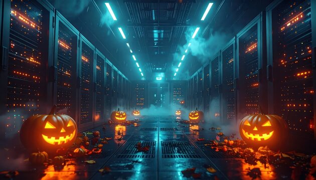 Data center server room decorated with glowing Halloween jack-o-lanterns.
