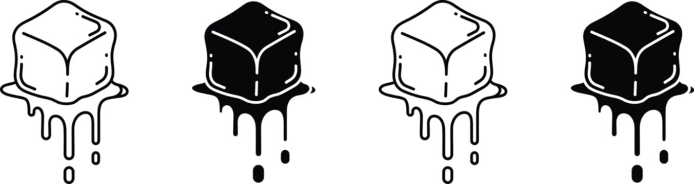Melting ice cube vector illustrations in black and white