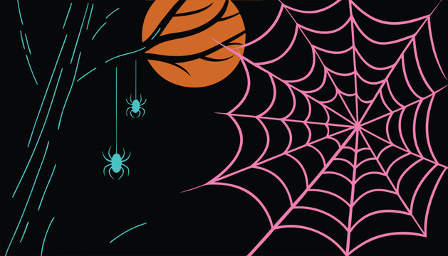 Spooky halloween background with pink spider web moon and hanging spiders