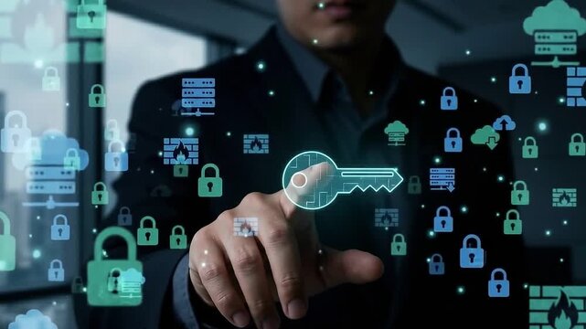 Corporate Cyber Security Concept: Executive Interacting with Floating Holographic Security Key, Padlocks, and Firewall Interface in Modern Office