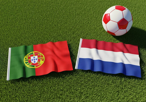National flags of Portugal and Netherlands alongside a soccer ball on lush green grass in daylight