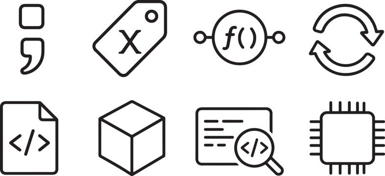 Coding Modern and Premium Icon Set, Featuring semicolon, variable, function, loop and More, Editable Stroke, Outline Icon Collection