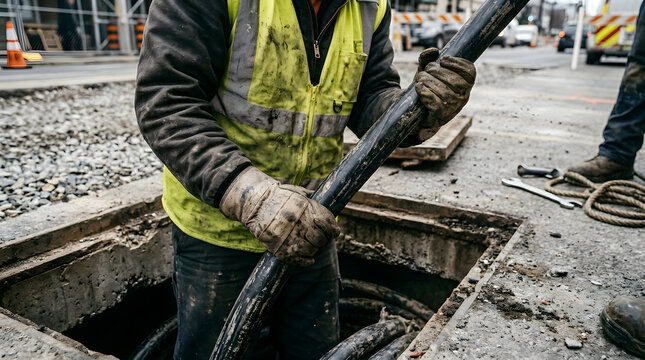 Worker pulling heavy electrical cable from manhole | Underground utility infrastructure repair | Electrician installing industrial power line | Construction crew working on urban grid