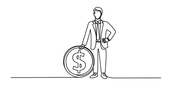 Man in suit holding large dollar coin, one line drawing