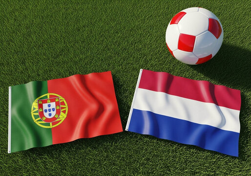 Portugal and Netherlands flags with soccer ball on green grass field
