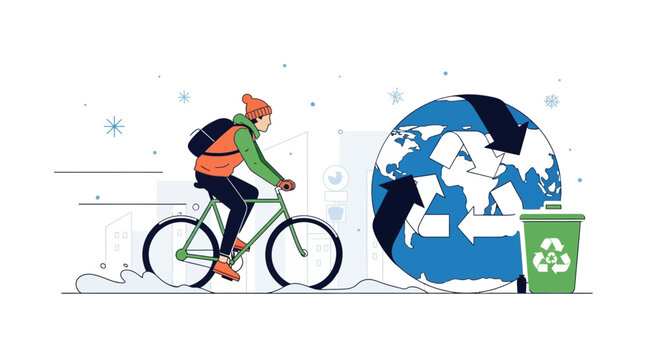 Cyclist Riding Bicycle Toward Globe with Recycling Theme.