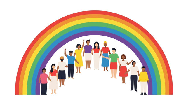 Rainbow Arc With Diverse Group Of People.