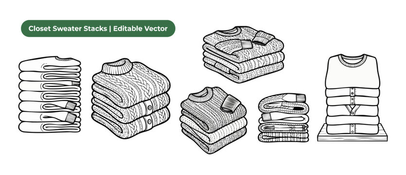 Folded sweater stacks vector icon for closet organization wardrobe storage laundry line art, cozy winter knitwear clothing collection isolated set in minimal black and white outline style graphic.