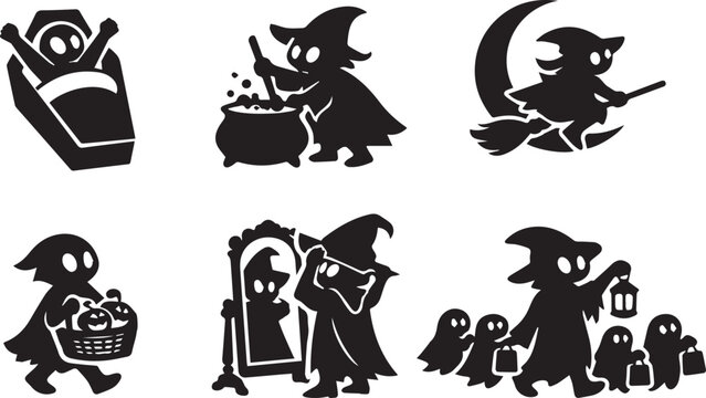 Halloween witch silhouette elements set with magic cauldron and broomstick
