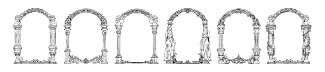 Naklejka na ściany i meble Column arch frame, vector hand drawn Greek pillar border decoration, antique luxury wedding design. Elegant Italian portal engraving illustration, renaissance palace sculpture art. Royal arch frame
