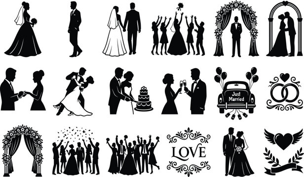 Wedding silhouette elements collection featuring bride groom romance icons ceremony celebration and marriage decorations isolated on white silhouette 