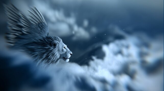 Majestic winged lion soars through dreamlike landscape in smooth loop for background video animation