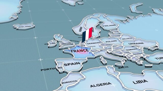A 3D political map of Europe highlighting France in its national flag colors, france flag, france map, Nearby countries like Spain, Germany, and Italy, Western Europe,