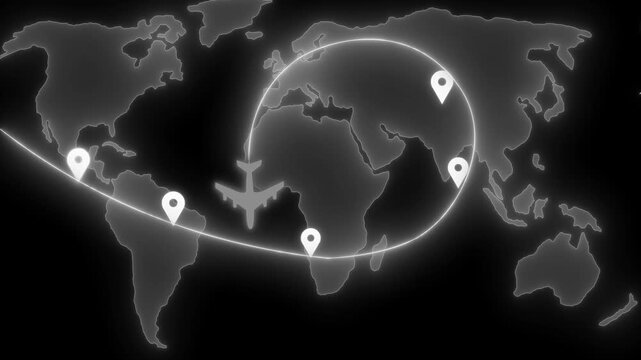 Glowing neon-style world map with flight path and location pins animation