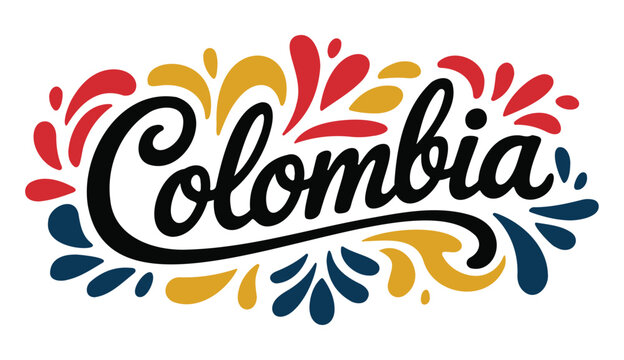 Colombia Wordmark with Yellow Red and Blue Floral Elements On a White background