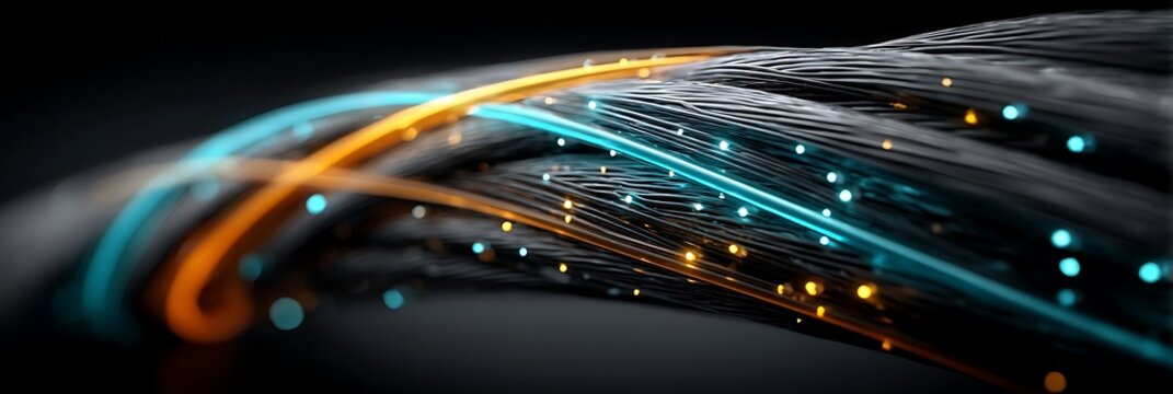 Fiber optic cable bundle transmitting digital data with glowing blue and orange light particles representing high speed network connection and internet technology