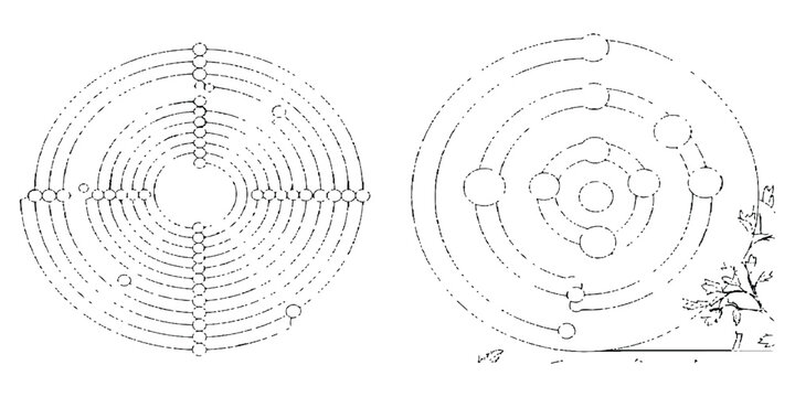 Abstract circular geometric crop circle pattern with concentric dotted lines and nodes technology vector illustration.