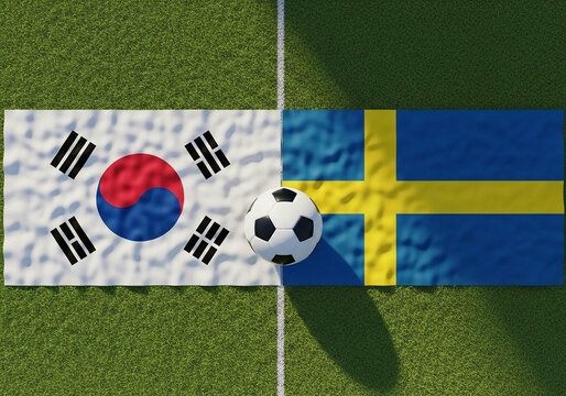 Flags of South Korea and Sweden with a soccer ball on a green field