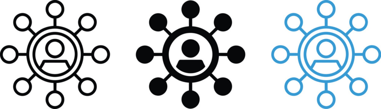 User network, connection icon set, vector icons showing connected people communication hubs and community links for teamwork networking and online collaboration graphics.