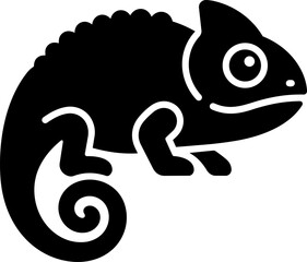 Fototapeta premium Black chameleon silhouette icon with curled tail, eye, legs, textured back, bold reptile shape, and clean cutout details, isolated on white background.