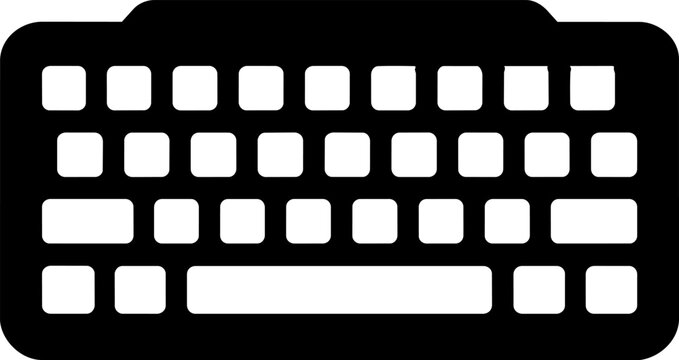 Black computer keyboard silhouette icon with rounded body, key cutouts, spacebar, bold office device shape, and clean details, isolated on white background.