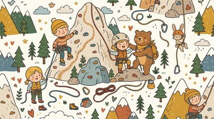 Fototapeta premium Happy children and a bear climb rocks while a boy scales a large mountain and a rabbit rappels