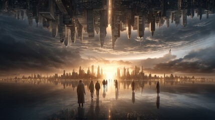 Obraz premium Futuristic metropolis upside down vibrant cityscape digital art surreal environment wide-angle view urban imagination