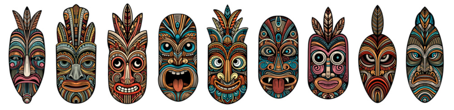 A set of colorful ethnic tribal masks with intricate patterns and expressions, drawn in a detailed vector doodle style and isolated on a white background.