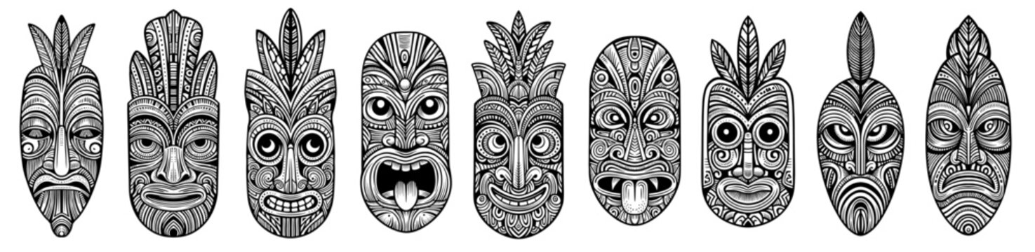 A set of ethnic tribal masks with intricate patterns and expressions, drawn in a detailed vector doodle style. Line art illustration