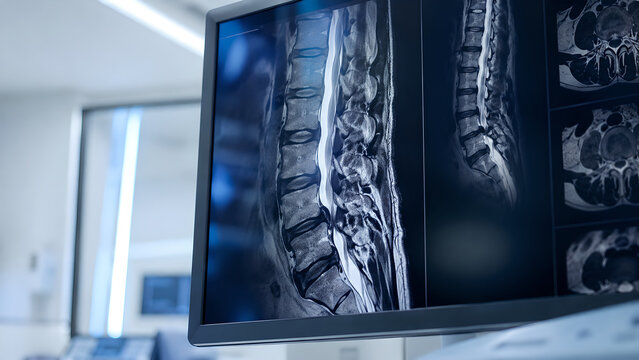 Lumbar Spine Spinal Stenosis MRI With Degenerative Facet Hypertrophy in Radiology Suite for Medical Education