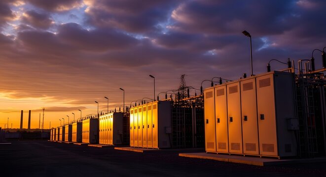 Electrical substation at sunset with rows of transformers and switchgear