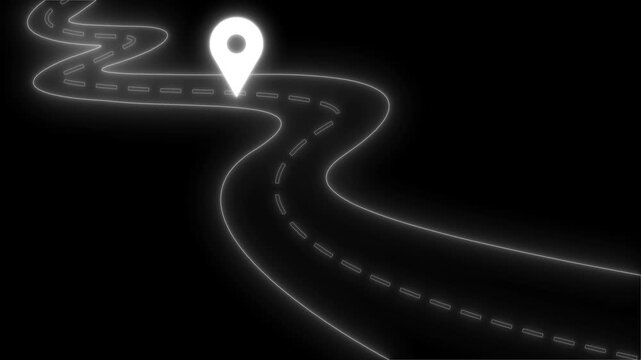 Glowing winding road with dashed centerline and map pin marker animation