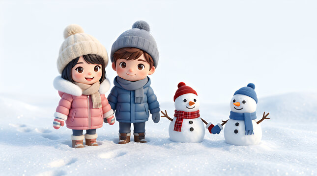 Friends standing in a snowy field beside two small snowmen are portrayed in this delightful illustration that highlights the magic of winter playtime with a clear white background and copy space.