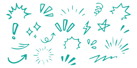 Hand drawn comic style burst star arrow and exclamation mark doodle elements set vector illustration. © Design House