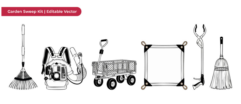 Garden tools vector set illustration featuring leaf rake, backpack blower, utility cart, waste tarp, grabber tool, and straw broom for seasonal yard cleaning, lawn care, landscaping maintenance works.