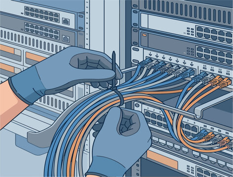 Professional technician hands organizing server rack cables with zip tie, network hardware management illustration isolated on white background