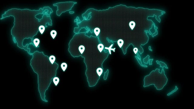 Glowing dotted world map location pins and airplane icon animation