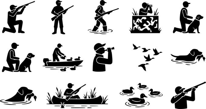 Duck hunter Glyph Icon Set &ndash; Camping Life Silhouette Collection