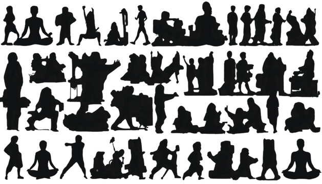 Meditating people perform various yoga poses and relaxation techniques in this artistic compilation of black silhouettes designed for health and wellness themes on white backgrounds.