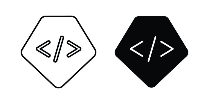 Code symbols in outline and solid shapes on white background with copy space for digital concepts
