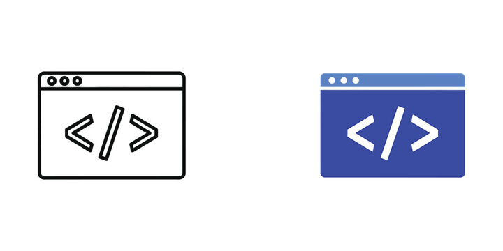 Computer code symbols displayed in a web browser window with clean lines and a blue background for development concepts