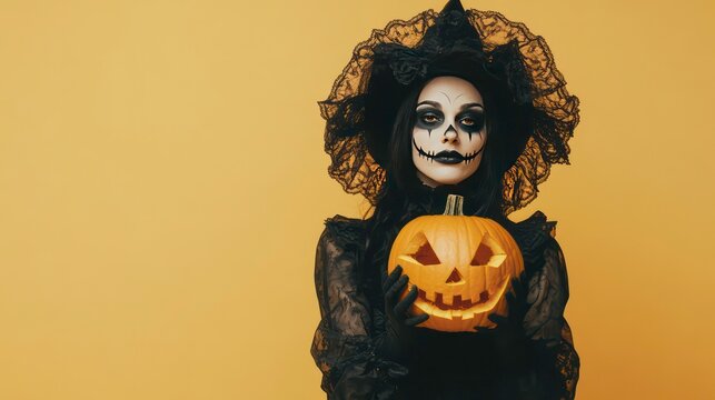 European witch woman wearing black costume and halloween makeup holding carved pumpkin, isolated over yellow background