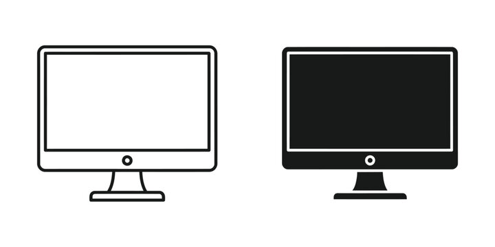 Computer monitor outline and filled icon on white background for technology concept