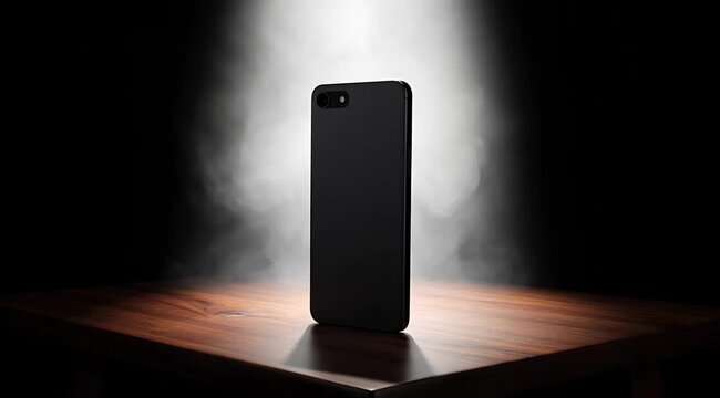 Mysterious Black Smartphone Illuminated On Wooden Table Surrounded By Swirling Smoke